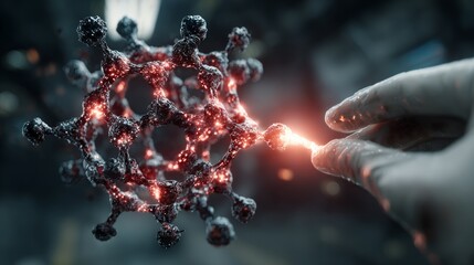 Scientists meticulously examine glowing microscopic virus particle under intense laboratory lighting, hinting at groundbreaking research and discovery.