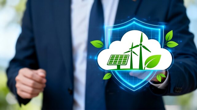 Business professional presenting a secure cloud computing concept combined with renewable energy symbols such as solar panels and wind turbines. Digital shield overlay represents data protection, cybe - Powered by Adobe