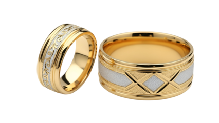 Two Gold Wedding Rings with Silver Inlays on Black Background