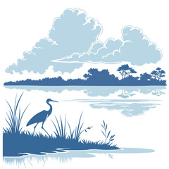 Blue heron standing on grassy shore with reflection on calm lake water under cloudy sky