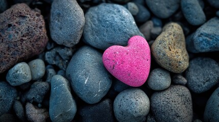 Pink heart-shaped pebble nestled among dark gray rocks, symbolizing the simplicity and beauty of love found in natural surroundings with organic textures and earthy tones.