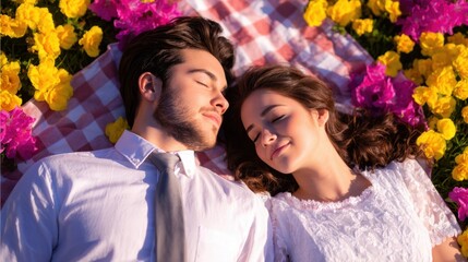 A couple rests on a plaid blanket amid vibrant yellow and pink flowers, bathed in warm daylight. a calm scene