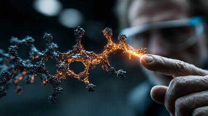 Scientist interacts with glowing molecular structure, exploring scientific discovery and innovation in a modern laboratory setting