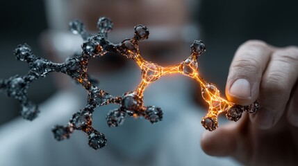 Scientist examines glowing molecular structure, revealing breakthrough in advanced material science and chemical research discovery