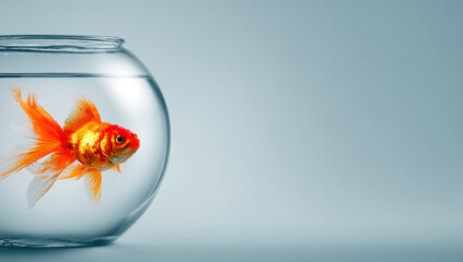 Goldfish swimming in small glass fishbowl, symbolizing confinement, isolation, and limited thinking with copy space