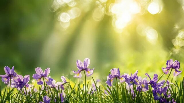 Low-angle video shot of purple flowers in a sunlit meadow, capturing the serene beauty of nature with soft, golden bokeh in the background. Live desktop wallpaper.