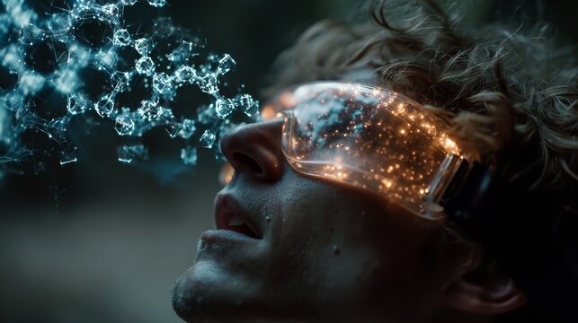 Young person experiencing immersive virtual reality, witnessing digital data streams and futuristic molecular structures, a moment of profound technological discovery and wonder. - Powered by Adobe
