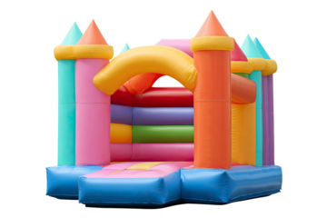 Colorful Inflatable Bouncy Castle with Towers and Archway for Kids Parties Isolated on Transparent Background