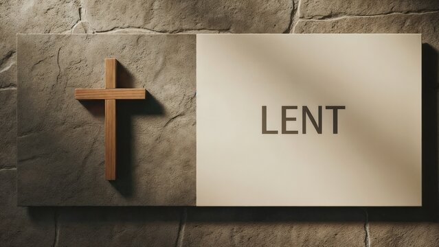 Religious Lent banner with a simple wooden cross on a stone surface. Christian symbol for the holy season of fasting and prayer before Easter.