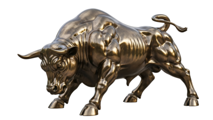 Shiny Golden Bull Statue with Muscular Build and Curved Horns
