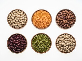 Assorted legumes in wooden bowls