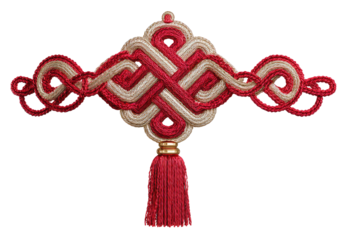 Intricate Red and Gold Chinese Knot Ornament with Tassel Decoration Isolated on Transparent Background