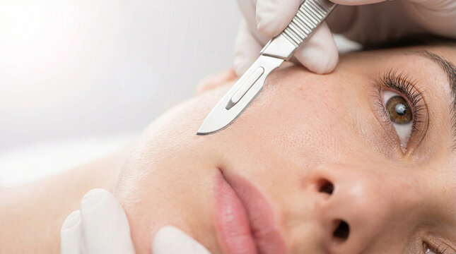 Close up of dermatologist performing dermaplaning treatment on woman face with surgical scalpel in beauty clinic