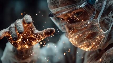 Captivating scientist in protective gear reaching out to touch luminous particles, symbolizing discovery and innovation in a futuristic research lab.