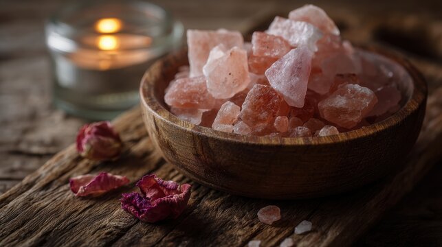 Organic Himalayan Salt Crystals in Wood Bowl with Rose Petal for Luxury Spa Wellness Meditation and Calming Self Care Routine