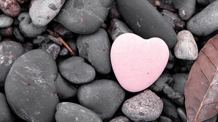 Obraz premium Pink heart-shaped pebble nestled among dark gray rocks, symbolizing the simplicity and beauty of love found in natural surroundings with organic textures and earthy tones.