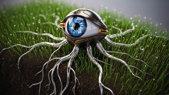 Cybernetic eye emerging from green grass with metallic tentacles