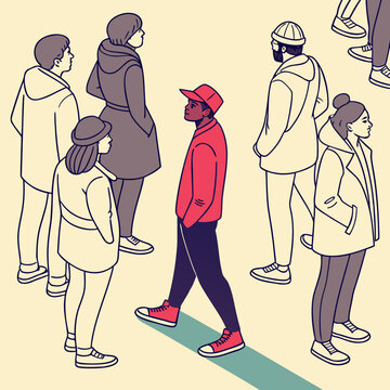 Diverse group of people standing in line with one person walking in opposite direction