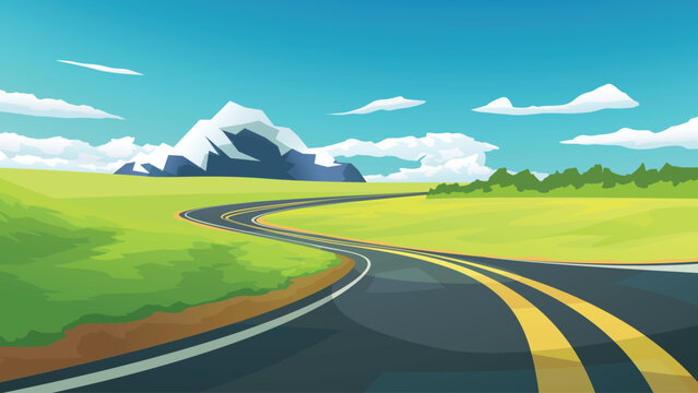 a curved country road through green landscape