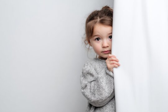 Cute little girl peeking behind white wall portrait closeup