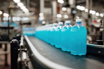 Close-up of blue bottled beverages on conveyor belt in factory setting
