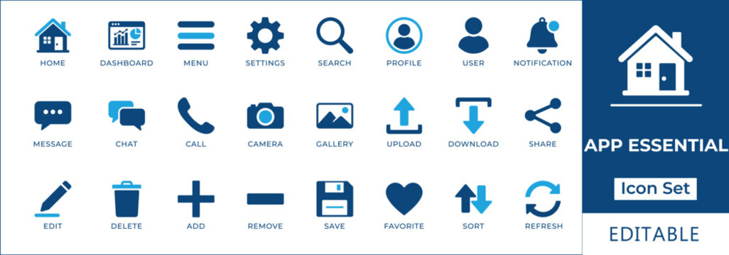 App essential UI icon set featuring home, dashboard, settings, search, profile, message, camera, upload, download, edit, delete, and navigation symbols for mobile and web design.