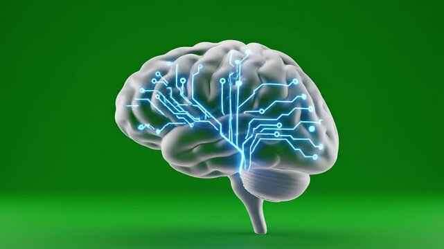 3D rendering of a human brain model with glowing blue digital circuits on a vibrant green background.