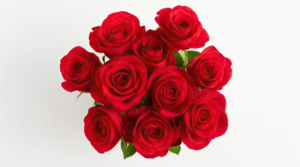 Obraz premium A bouquet of red roses laid out on a clean white background, captured with professional commercial photography, presenting an elegant floral display.