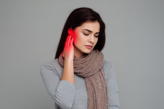 Young caucasian female with neck pain holding her jaw in discomfort
