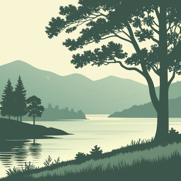 Serene lake landscape with trees and mountains nature 1