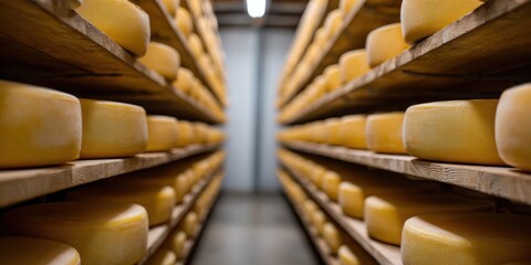 Aging cheese wheels in wooden shelves at dairy cellar