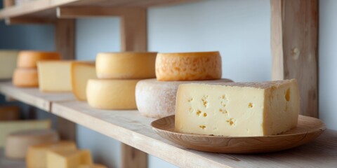 Assorted wheels of aged artisan cheese on wooden shelves in natural light