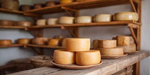 Variety of artisan cheeses on rustic wooden shelves in dairy farm