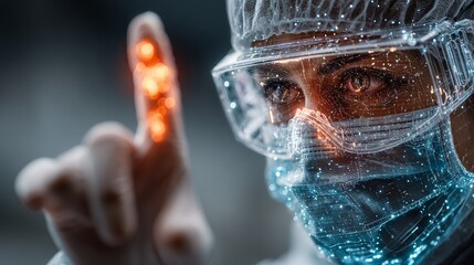 Innovative scientist interacts with glowing digital interface, exploring futuristic data and groundbreaking discoveries in high-tech laboratory