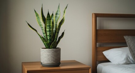 Fototapeta premium A potted snake plant sits on a nightstand beside a wooden bed frame with a pillow