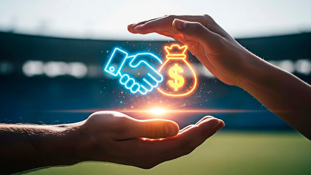A person offering a partnership and financial growth opportunity with a handshake and money bag icon - Powered by Adobe
