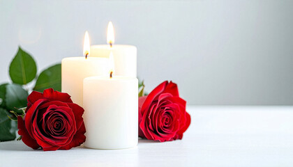Fototapeta premium Romantic Candlelight Scene with Red Roses for Love and Valentine Atmosphere