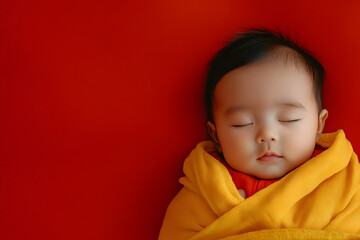 Asian Newborn Baby Sleeping in Yellow Swaddle Red