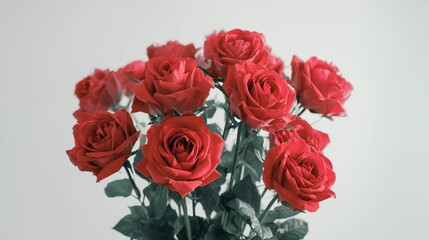 Obraz premium A bouquet of red roses laid out on a clean white background, captured with professional commercial photography, presenting an elegant floral display.