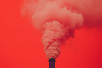 factory emitting smoke and discharging waste - environmental challenge of industrial pollution red background