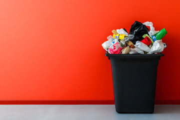Filled to capacity household kitchen bin - need for waste reduction and better domestic waste management red background