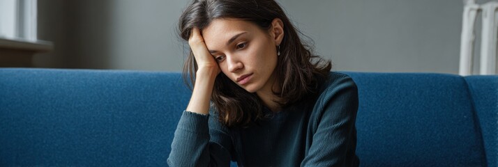 Pensive young caucasian female sitting on couch in thoughtful mood