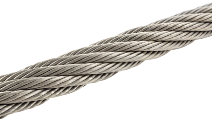 Strong steel wire rope or metal cable for industrial isolated on transparent background
