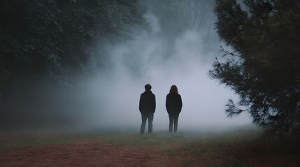 Two silhouetted figures stand in a mysterious misty forest clearing enveloped by atmospheric fog and tall trees