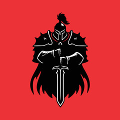 Medieval Knight in Heavy Armor Holding Greatsword Silhouette Isolated on red Background