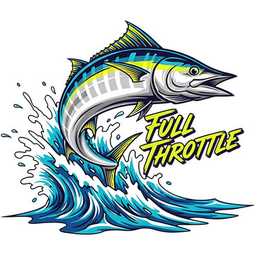 Aggressive Marlin Sport Fishing Illustration, Jumping Game Fish with Water Splash and Full Throttle Text, PNG Clipart Design for T‑Shirt