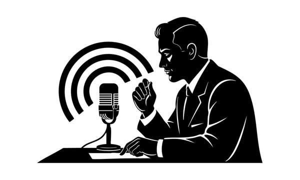 Man in suit speaking at a desk with microphone, soundwaves radiating, captured in illustration, portraying a podcast liveTV broadcast from a side view