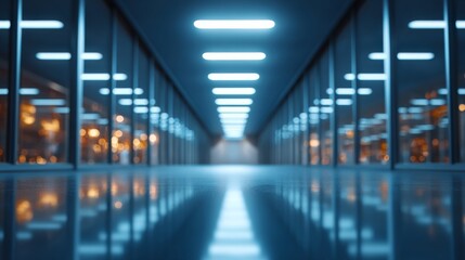 Interior view of a data center corridor with reflections, highlighting the futuristic technology