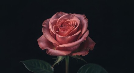 Fototapeta premium A solitary, perfectly formed rose in muted pink tones, contrasted against a deep black background