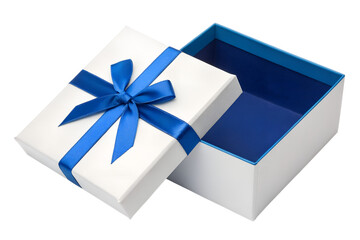 Open White Box Blue Ribbon isolated on transparent background